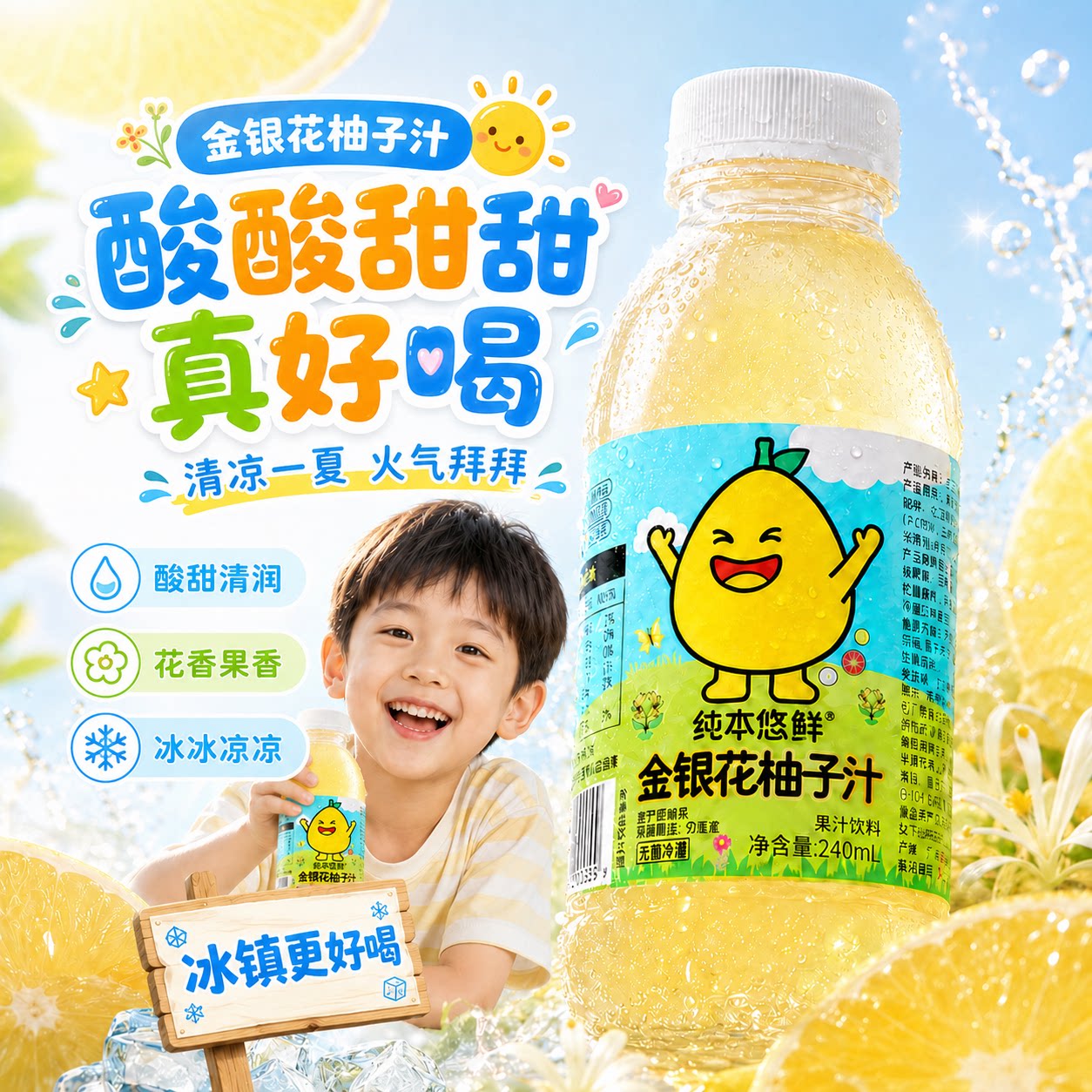 纯本悠鲜金银花柚子汁三柚汁儿童饮料240ml小瓶迷你礼盒健康饮品