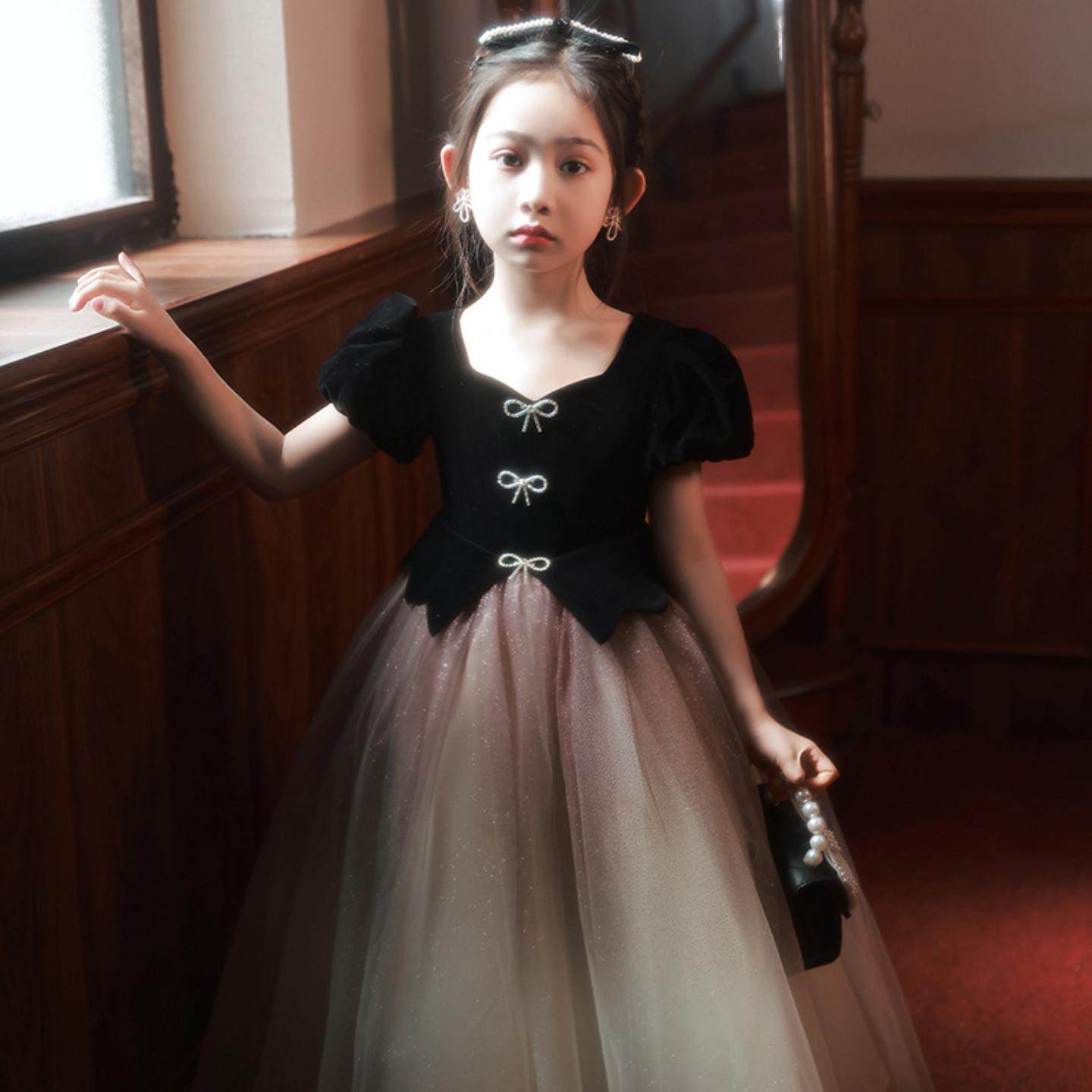 儿童主持人礼服赫本风女童高端钢琴演奏演出服大童小提琴晚礼服裙