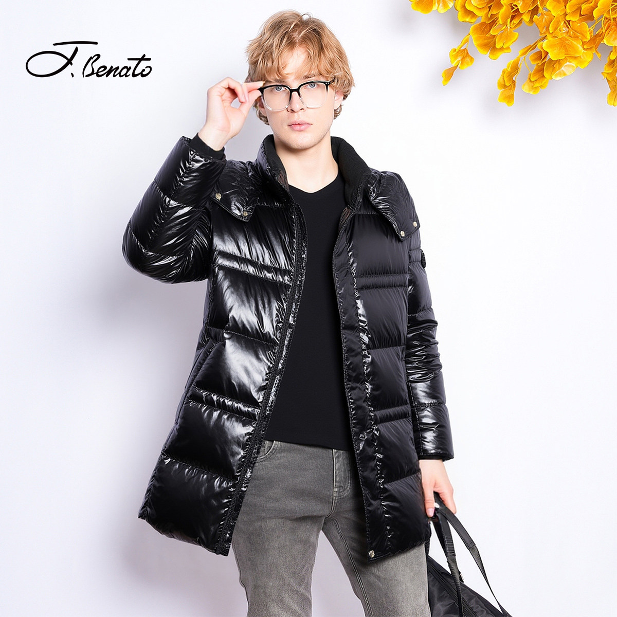 【90白鹅绒】宾度男装秋冬男士轻奢黑色亮面羽绒服中长款连帽外套