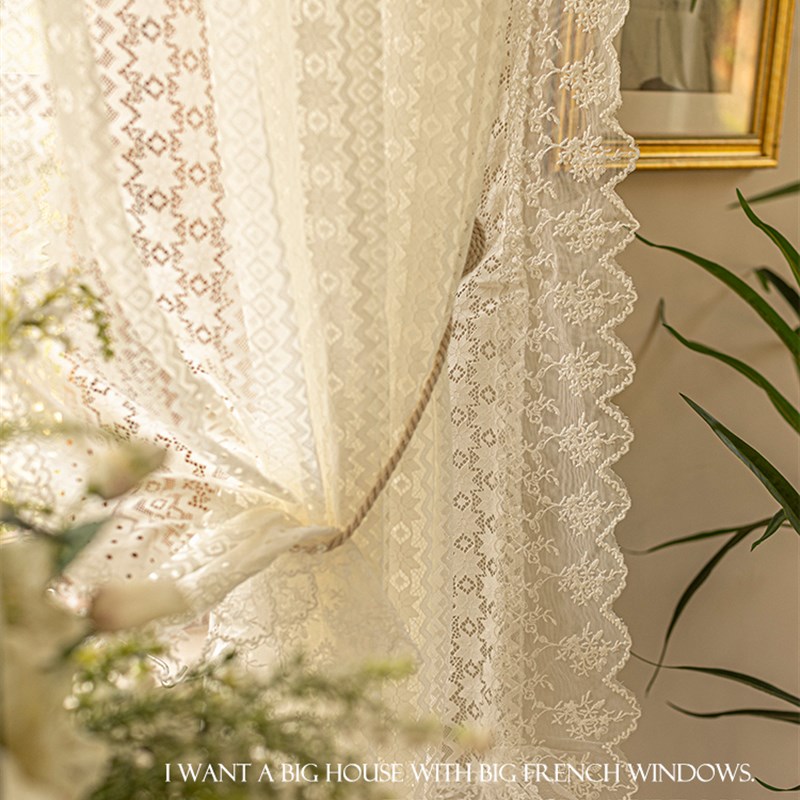 韩式田园白色蕾丝纱帘飘窗窗帘美式乡村半截帘短帘免打孔隔断门帘