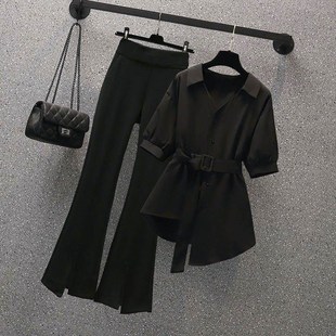 氣質套裝 兩件 單 胖妹妹時尚 設計感顯瘦襯衫 微喇褲 大碼 套裝 春夏季