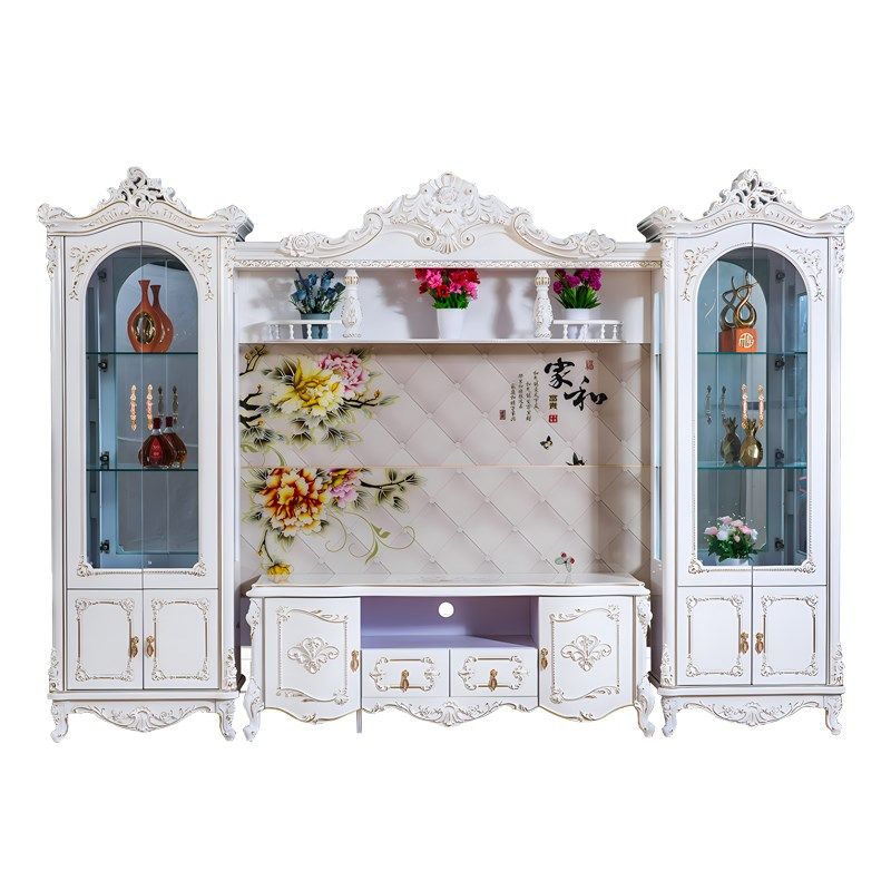 欧式电视机柜背景墙组合客厅酒柜储物柜家用影视柜地柜一体奢华白