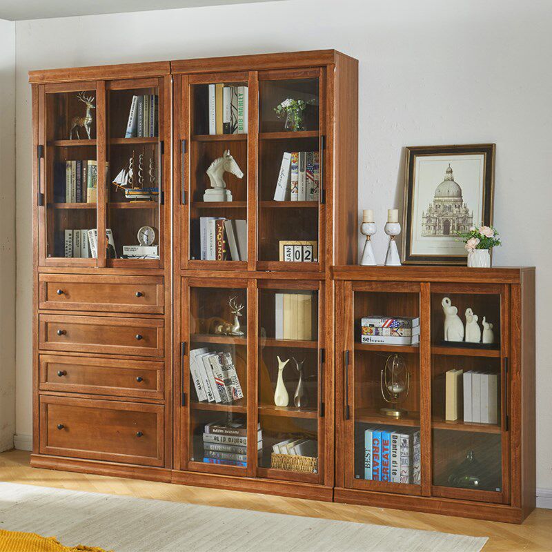 美式简约实木推拉门书柜储物柜收纳柜玻璃门书橱家用落地靠墙书架