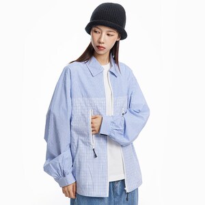 STRIIS窗外景拼接格子薄款拉链衬衫宽松休闲百搭翻领长袖轻薄外套