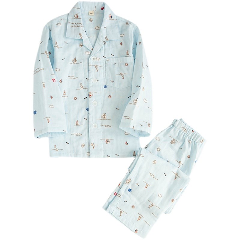 春夏季薄款纯棉纱布男童儿童睡衣长袖裤短袖中大童全棉家居服套装