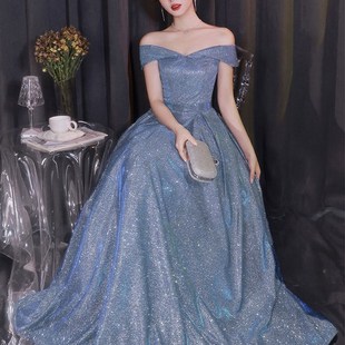 星空晚礼服2024新款长款闪闪一字肩主持人宴会合唱指挥礼服长裙女