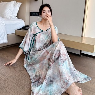 200斤胖mm女款 大码 棉绸国风连衣裙孕妇睡衣家居裙 睡裙夏季 新中式