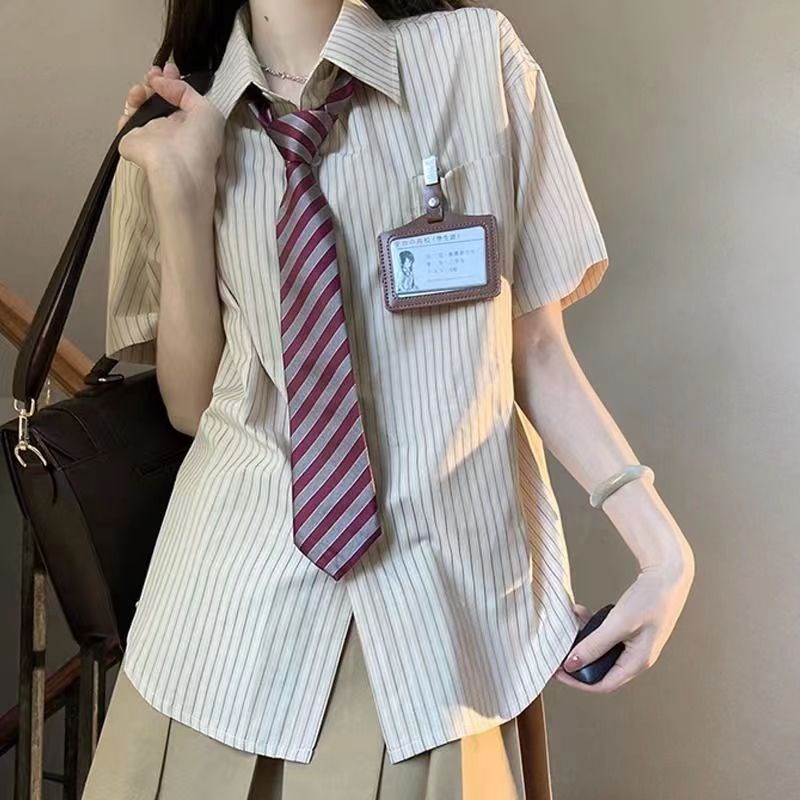 2024年新款外套短袖jk衬衫上衣女条纹长袖衬衫春装女学院风遮肚子