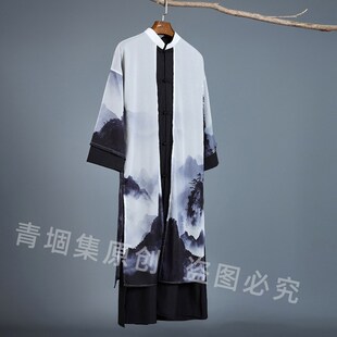 太极服中国风仙气唐装古风男装雪纺汉服假两件彩绘水墨武术表演服