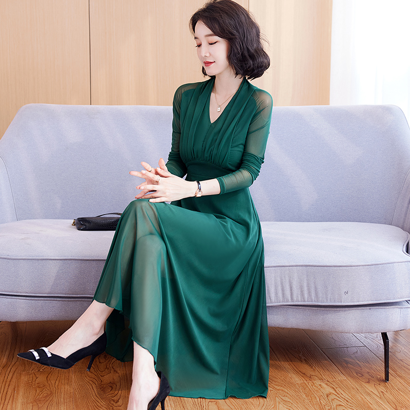 春秋网纱连衣裙女长袖2022新款大码v领长款收腰显瘦气质洋气长裙