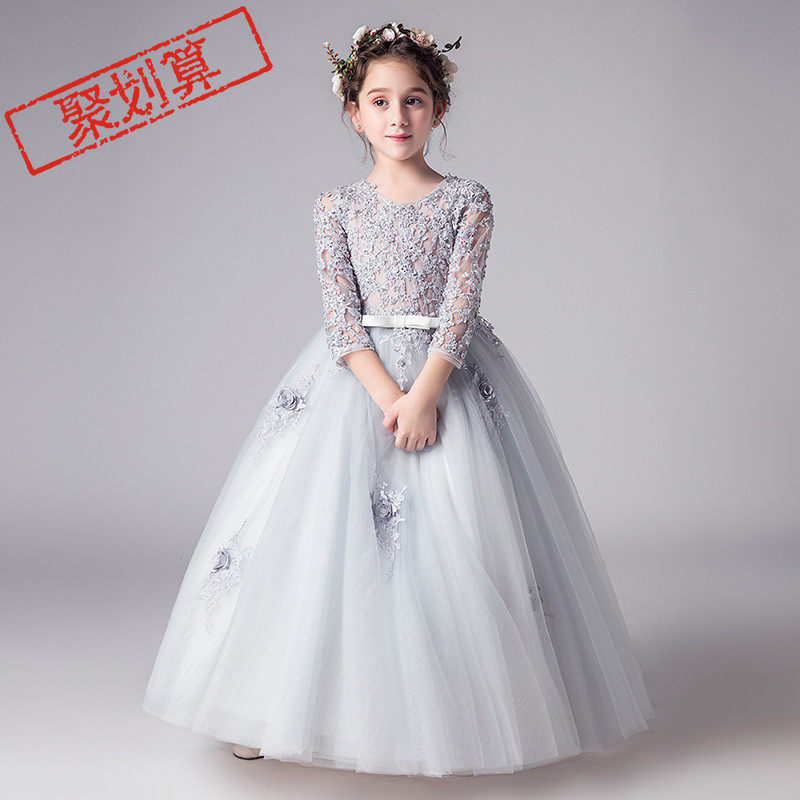 新款儿童礼服公主裙女童婚纱蓬蓬裙长袖钢琴演出服花童生日春秋季
