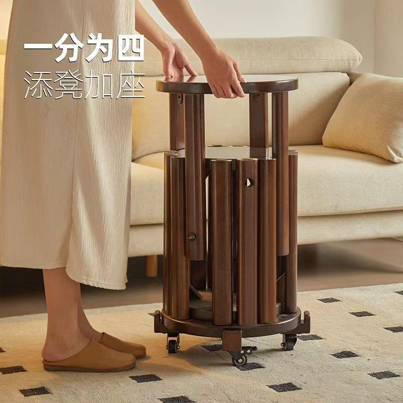 实木凳子圆凳可叠放家用矮凳边几餐桌凳叠叠乐组合带万向滑轮移动