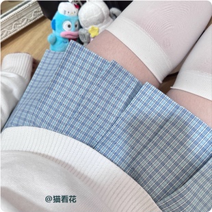 猫看花jk制服裙水蓝色兰苓格裙半身裙高腰日系百褶裙女夏高腰显瘦