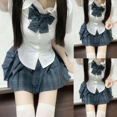 猫看花原创jk制服收腰显瘦百搭甜辣纯欲衬衫jk百褶格裙39cm套装