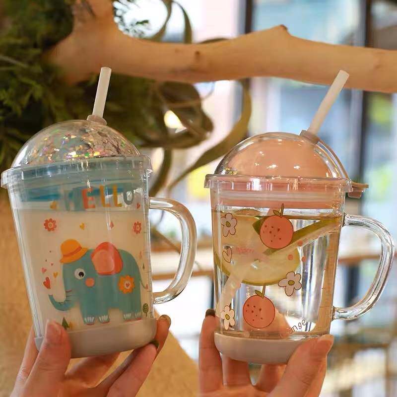 极速玻璃杯家用儿童水杯刻度牛奶杯吸管杯K女可爱杯子喝水杯豆浆