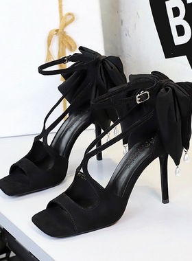 1297-3H100M超高跟鞋女细跟蝴蝶结珍珠一字带方头露趾镂空凉鞋