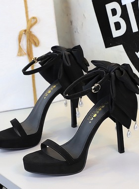 7253-H100M欧美风超高跟一字带露趾蝴蝶结珍珠细跟性感外穿凉鞋女