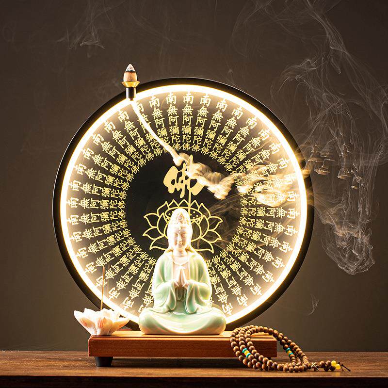 陶瓷南海观音菩萨佛像客厅家用坐莲供奉摆件灯圈合十观世音菩萨像