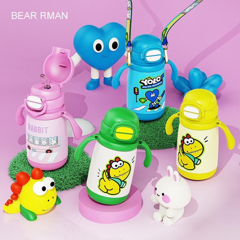 潮品双饮杯盖儿童保温杯带吸管不锈钢保温杯宝宝学饮杯带手柄400m