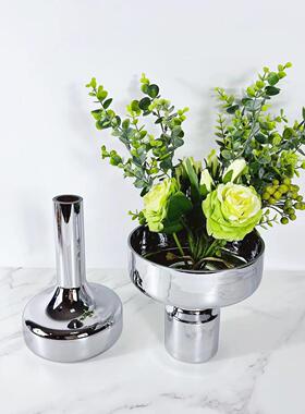创意电镀几何玻璃花瓶客厅样板房银色水培插花器软装饰品摆件
