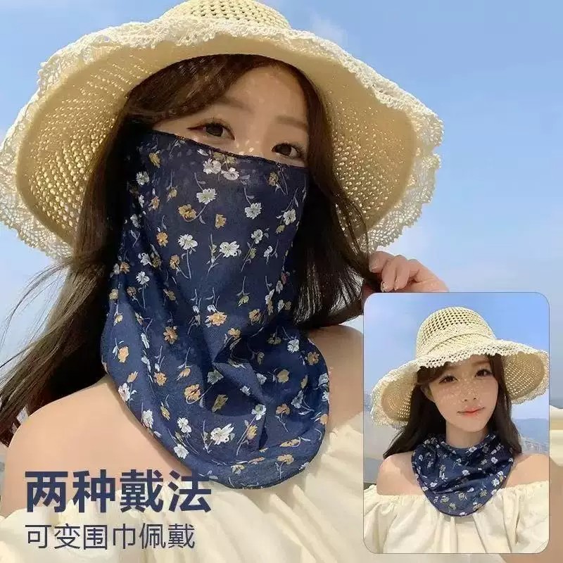 围脖丝巾女网纱夏季防晒护脸面罩纱巾套头护颈百搭时尚脖套薄面纱