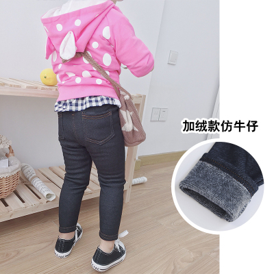 男女童仿牛仔裤子秋冬装外穿宝宝幼儿童加绒加厚一体绒薄绒打底裤