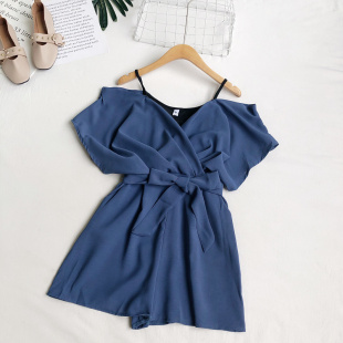 宽松绑带收腰阔腿连体裤 2020夏季 休闲假两件吊带拼接短袖 时尚 新款