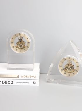 新中式水晶透明钟表摆件样板房售楼部卧室书房客厅餐厅桌面饰品