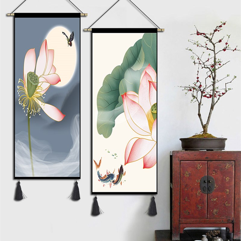 新中式荷花挂画水墨挂毯布艺书房卧室客厅玄关装饰画走廊过道壁画图片