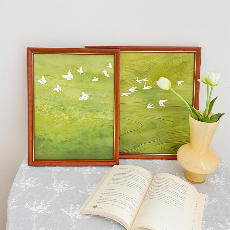 画玩美蝴蝶法式客厅风景装饰画中古风高级感卧室床头挂画绿色壁画图片