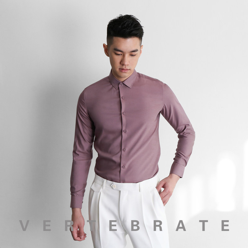 脊椎动物男装抗皱免烫白色小方领衬衣欧美风修身长袖职业装衬衫