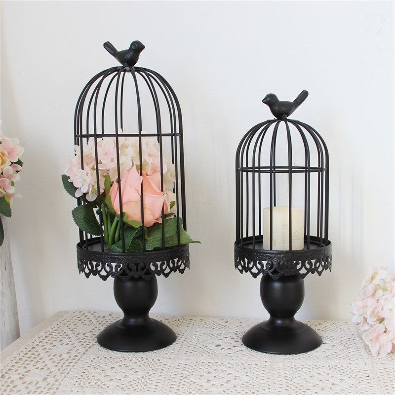 黑色婚庆摆件套二铁艺鸟笼多肉花盆可放花盆可挂挂式烛台饰品装饰
