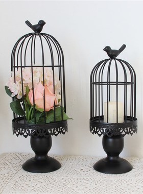 黑色婚庆摆件套二铁艺鸟笼多肉花盆可放花盆可挂挂式烛台饰品装饰