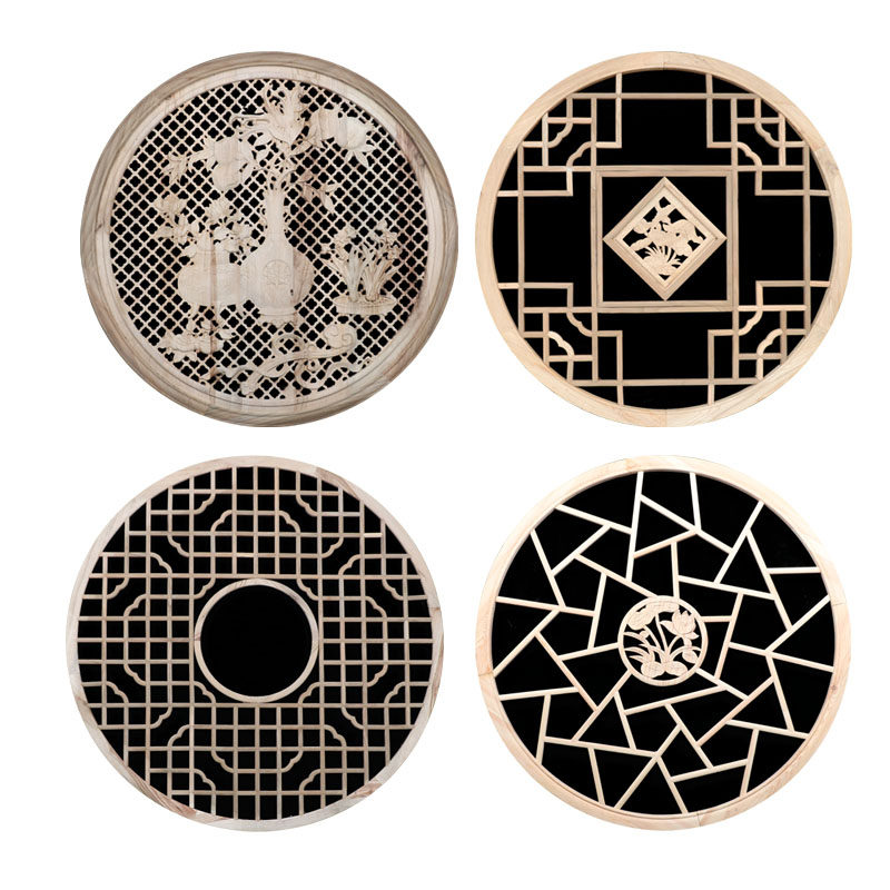 实木圆花格窗吊顶灯罩中式玄关仿古隔断屏风挂件客厅背景墙雕花刻