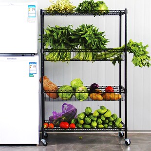 厨房果蔬置物架网篮收纳架子落地式微波炉储物篮架防锈带轮货架