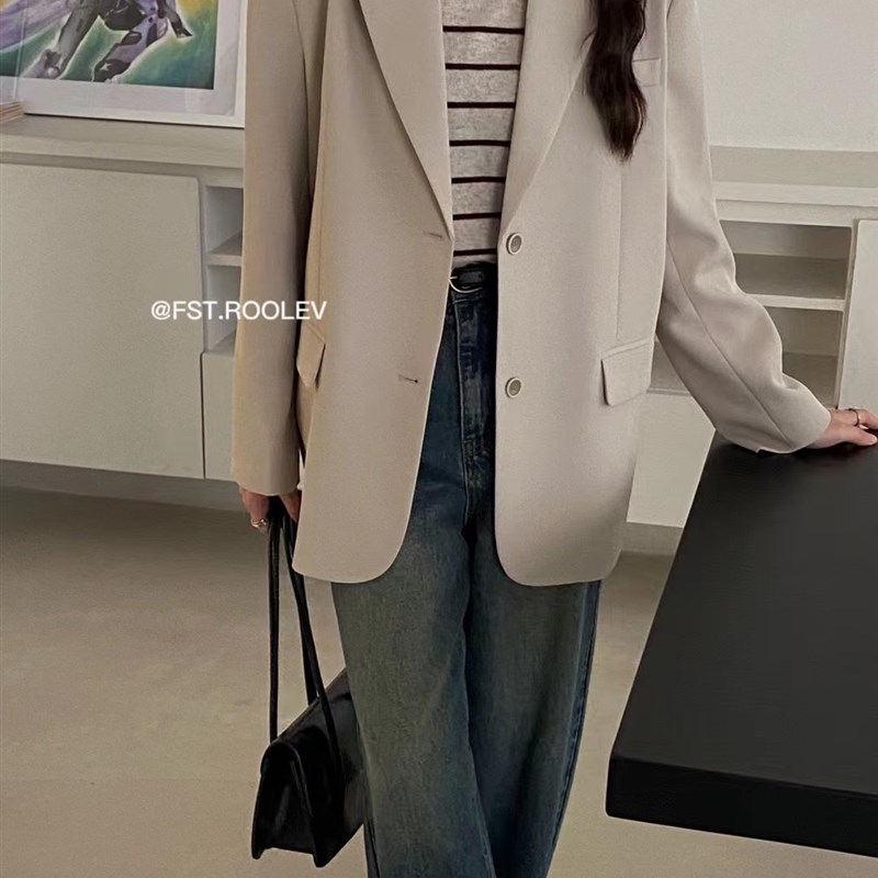 FST 黑色西装外套女秋季新款复古宽松高级感格纹休闲卡绿西服上衣