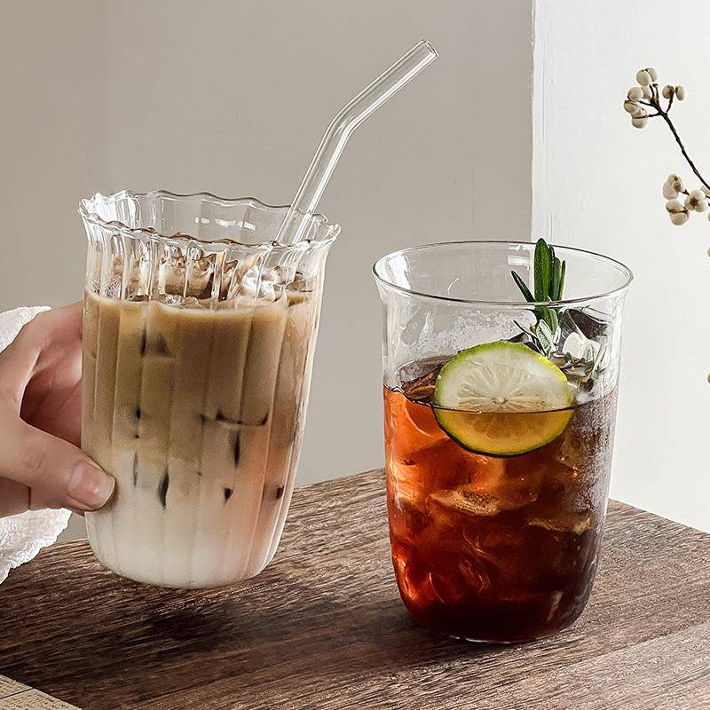 【天猫正品】ins风玻璃杯冰美式咖啡杯耐热高温高硼硅竖纹果汁杯