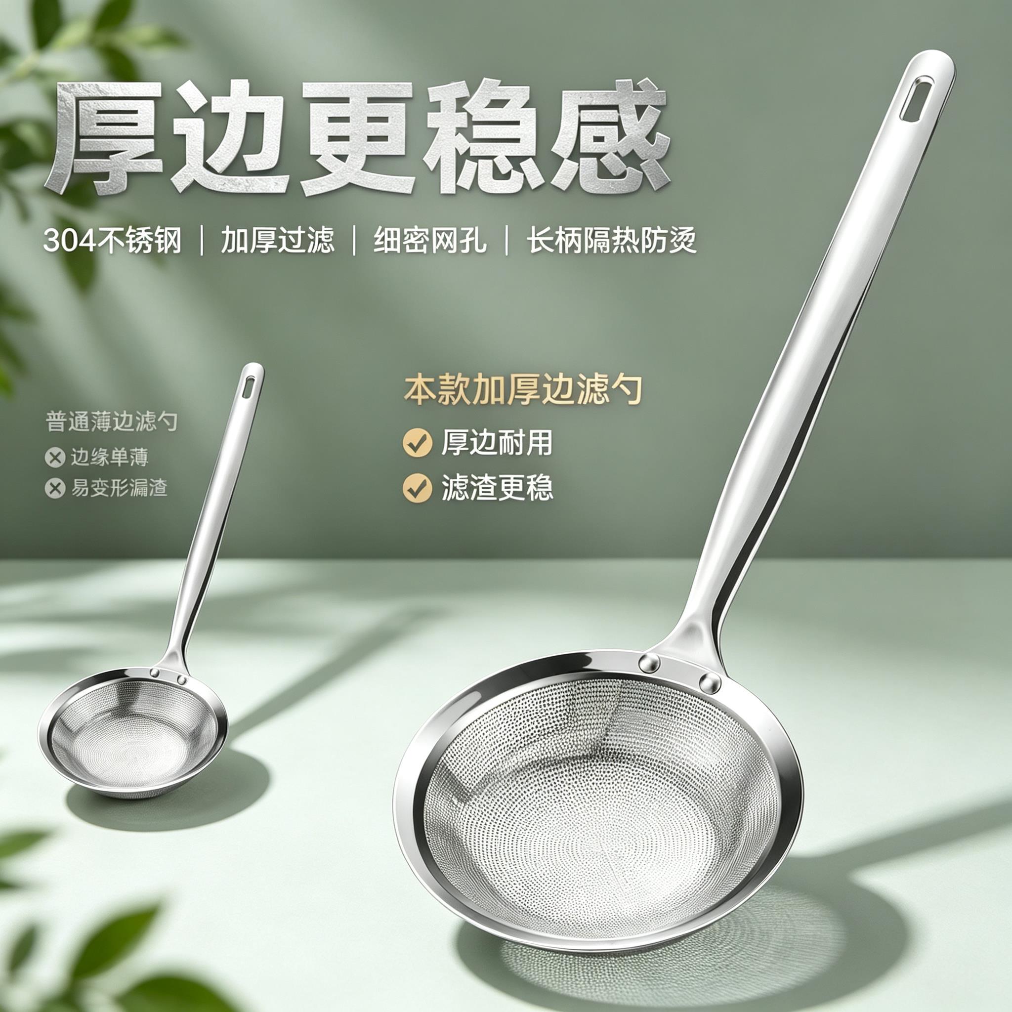 304不锈钢打沫勺家用螺丝粉加厚大号油格超细网筛极细滤油专用