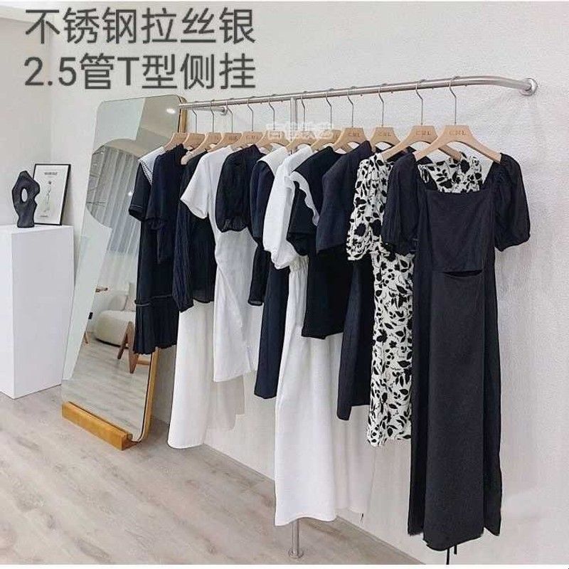 服装店展示架不锈钢拉丝简约上墙正侧挂货架女装银色挂衣杆落地架