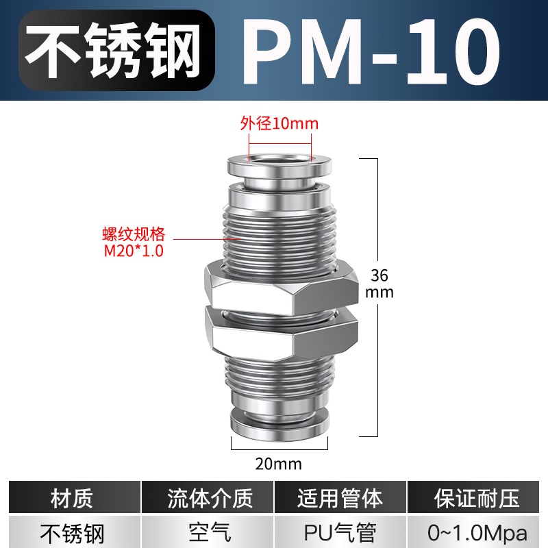 不锈钢气管快速接头j螺纹直通快插PM6/8/10/12/16mm气动隔板连接