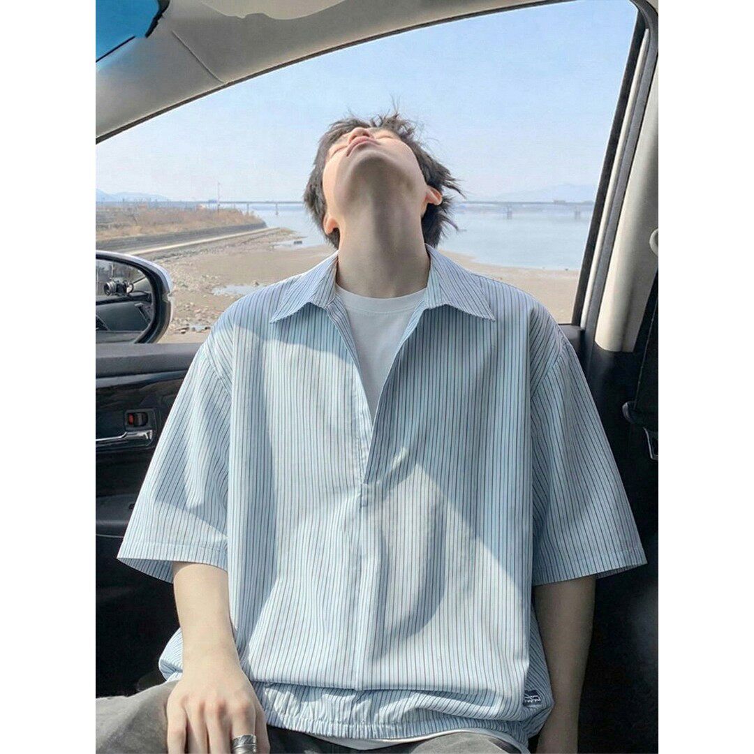 条纹短袖衬衫男夏季2026新款重磅宽松青少年学院风衬衣休闲寸衣潮