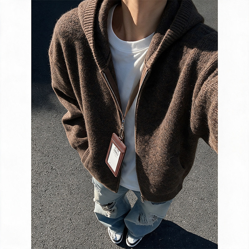 美式重磅毛衣男春秋季新款青少年休闲宽松外套潮牌开衫针织衫上衣