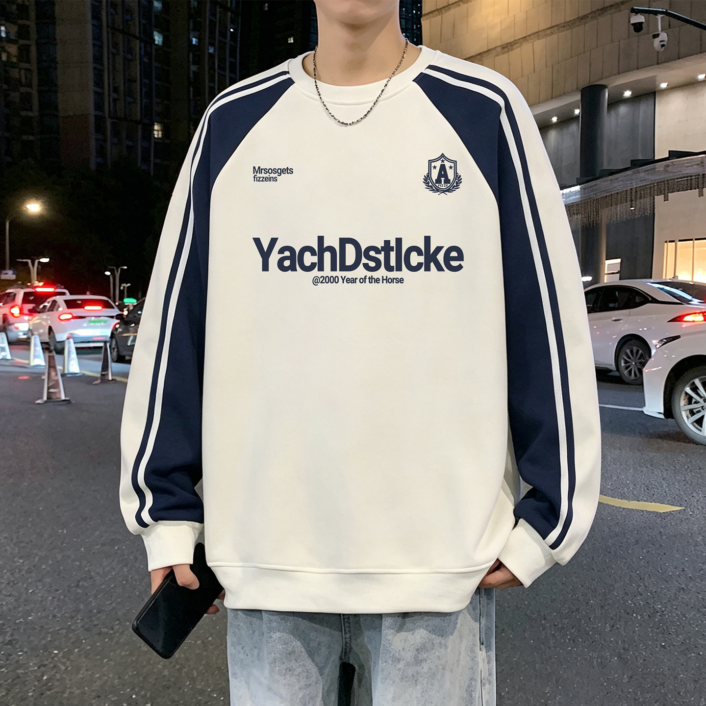 套头卫衣男春秋季新款高街复古宽松外套青少年潮牌美式拼接上衣服