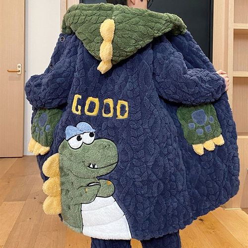 儿童睡衣男童珊瑚绒秋冬款三层夹棉2024新款睡袍加绒加厚款家居服