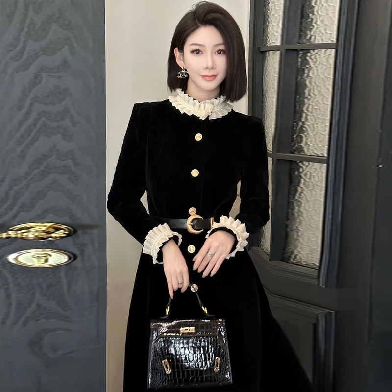 2025新款伞摆连衣裙黑色长裙优雅花边高腰显瘦法式春季裙子D0129