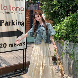 MM谢谢家大码设计感盘扣新中式复古牛仔外套上衣+半身裙两件套女