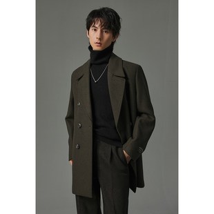 w2x秋冬季780g重磅短款羊毛呢大衣男垫肩时尚设计感妮子风衣外套