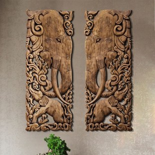 泰国木雕壁挂客厅玄关泰式装饰挂件大象实木雕刻工艺品雕花板墙饰