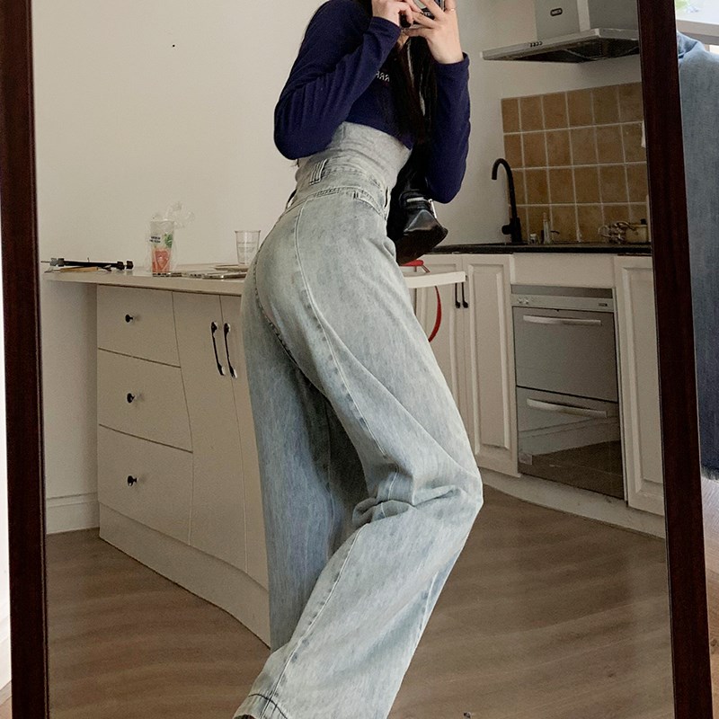 浅蓝色阔腿牛仔裤女休闲打折设计感秋季薄款高腰宽松垂感拖地长裤
