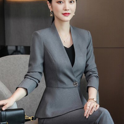 灰色西装套装女夏装新款美容院工作服职业珠宝店接待工装薄款西服